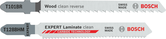 Bosch T101BR and T128BHM jigsaw blades for clean wood and laminate cutting.