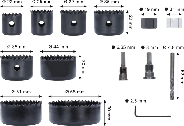 Wood and Drywall arbored Hole Saw Set with Pilot Drill
