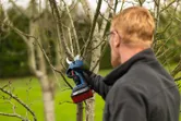 A person wearing safety equipment trims tree branches with a cordless pruner.