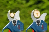 Cordless pruners trimming thick branches in a garden setting.