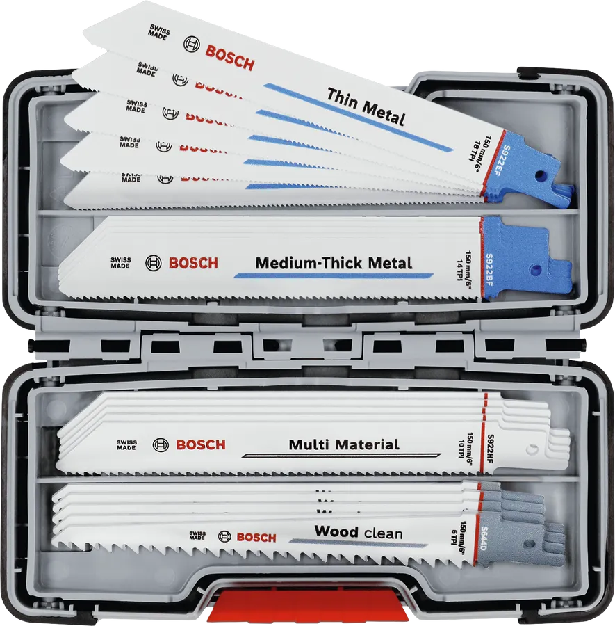 Bosch 20-piece reciprocating saw blade set for wood and metal.
