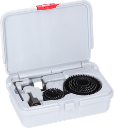 Bosch wood and drywall hole saw set in plastic case.