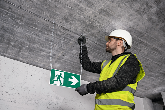 A person wearing safety equipment installs a metal ceiling hanger with an exit sign.