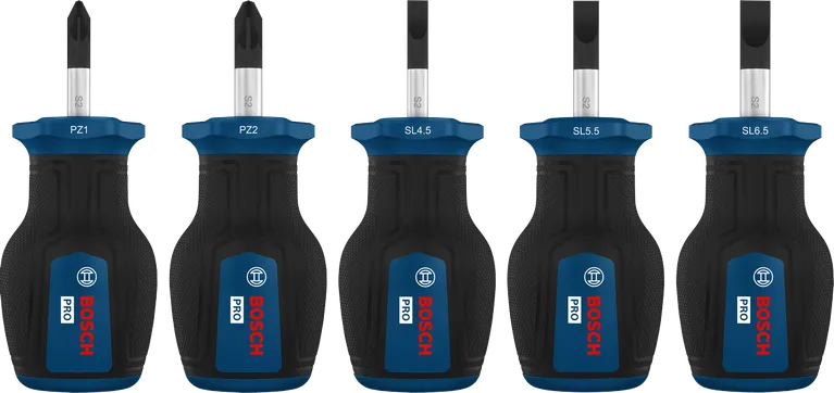 Bosch PRO Stubby Screwdriver PZ/SL Set with S2 shafts.