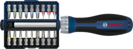 Bosch bit ratchet screwdriver set with 18 interchangeable bits.