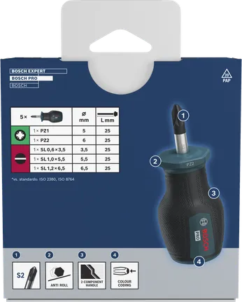 Bosch PRO Stubby Screwdriver PZ/SL Set with S2 shaft and anti roll-off handle.
