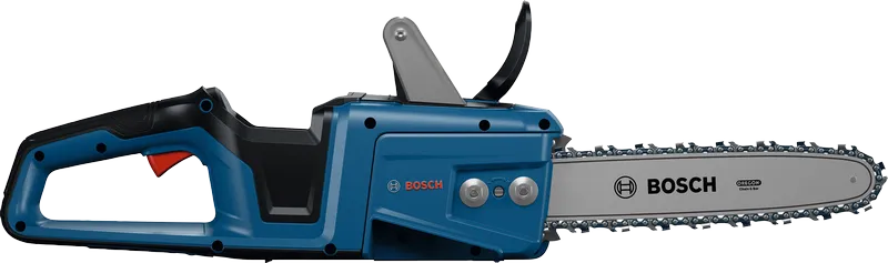 Bosch GKE18V-30 cordless chainsaw, ergonomic handle.