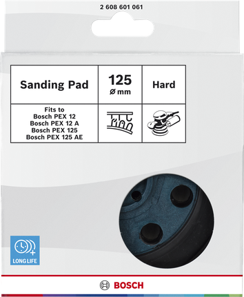 Bosch hard 125 mm sanding pad with 8-hole perforation.