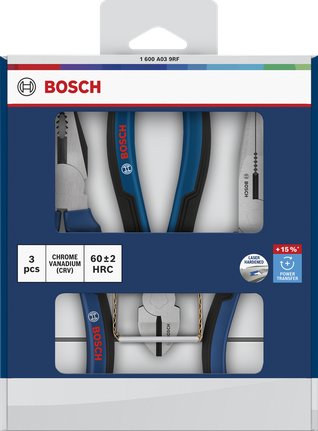 Bosch pliers set 3 pcs with laser hardened cutting edges.