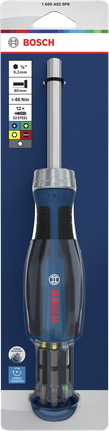 Bosch bit ratchet screwdriver with 12-piece bit magazine.