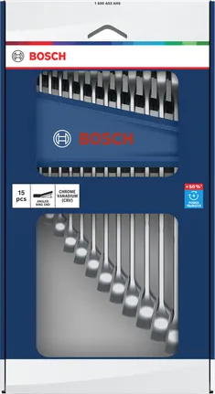 Bosch combination wrench set 15 pcs, 6-21 mm, +50% torque.