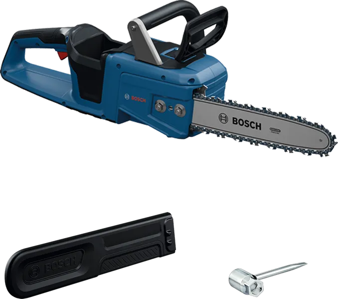 Bosch GKE 18V-30 cordless chainsaw with accessories.