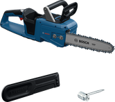 Bosch GKE 18V-30 cordless chainsaw with accessories.