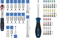 Bosch 1/4" ratchet set 37 pcs with screwdriver and bits.