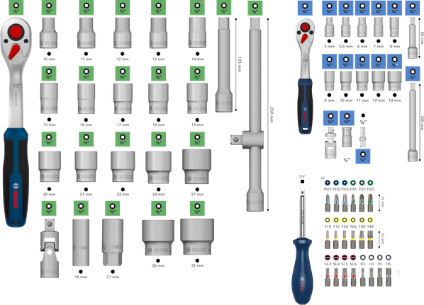 Bosch 1/4" + 1/2" ratchet set 80 pcs with sockets and bits.