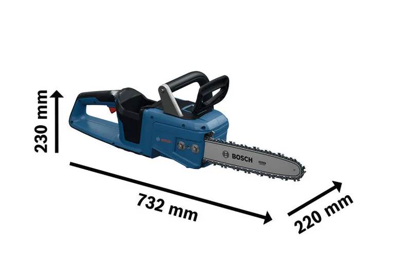 Bosch GKE18V-30 cordless chainsaw with dimensions.