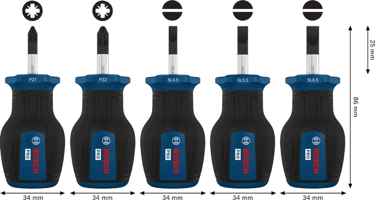 Bosch PRO Stubby Screwdriver PZ/SL Set with S2 shafts and multi-component handles.