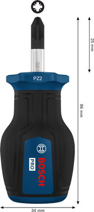 Bosch PRO Stubby Screwdriver PZ2 x 25 mm with ergonomic handle.