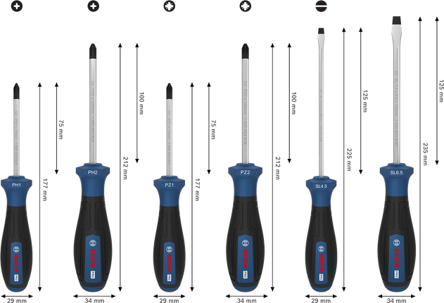 Bosch PRO Screwdriver Set PH/PZ/SL, 6 pcs with color-coded handles.