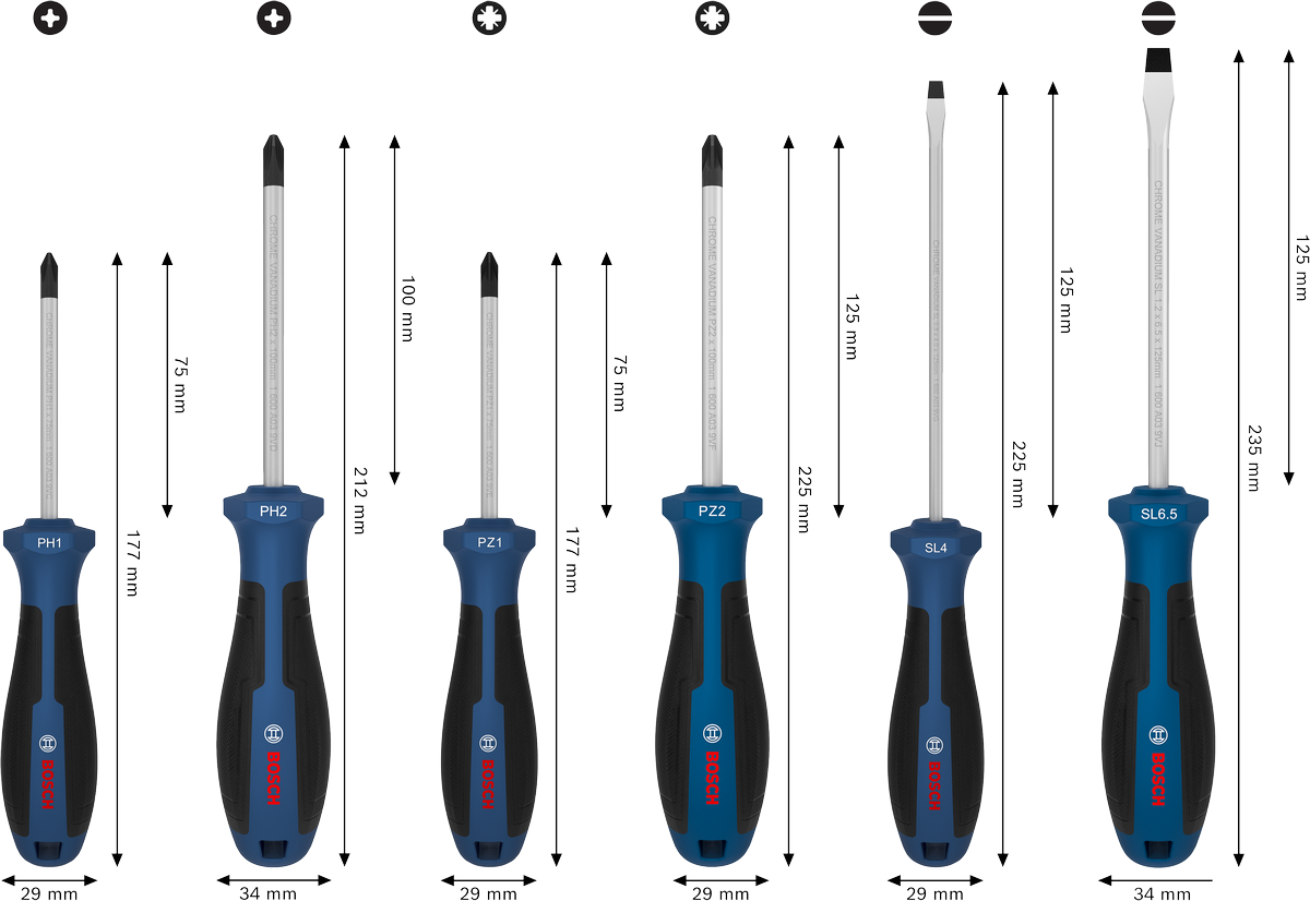 Screwdriver Set, PH/PZ/SL, 6 pcs