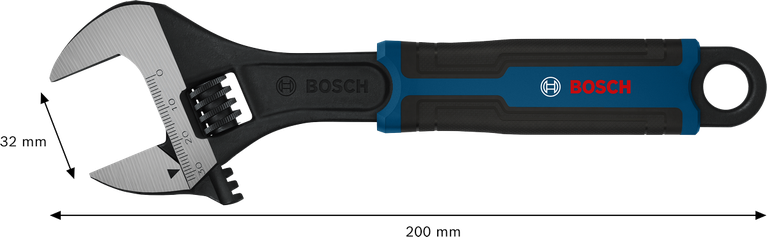 Bosch adjustable wrench 200 mm with 32 mm jaw opening.