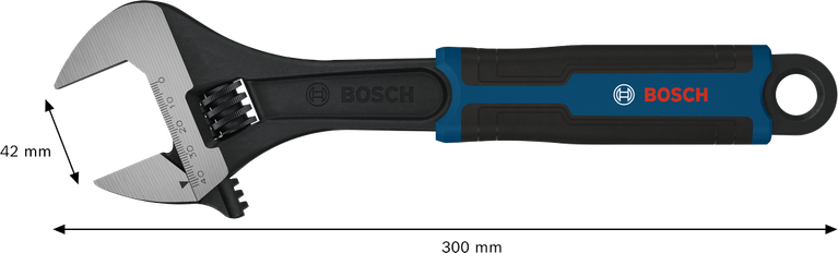 Bosch adjustable wrench 300 mm with 42 mm jaw opening.