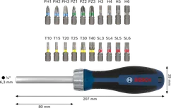 Bosch bit ratchet screwdriver set with 18 interchangeable bits.