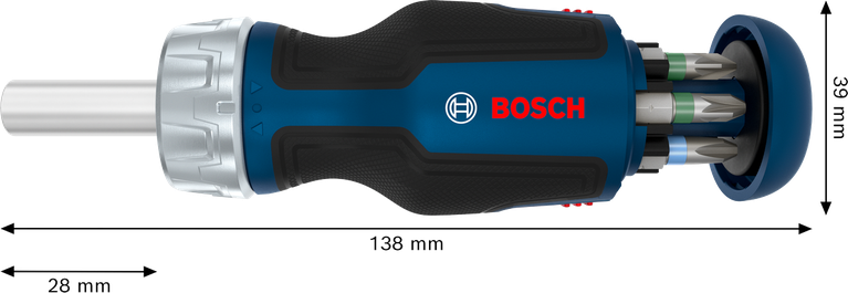 Bosch stubby bit ratchet screwdriver with 6 bits.