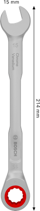 Bosch Ratchet Combination Wrench 15 mm with chrome vanadium.