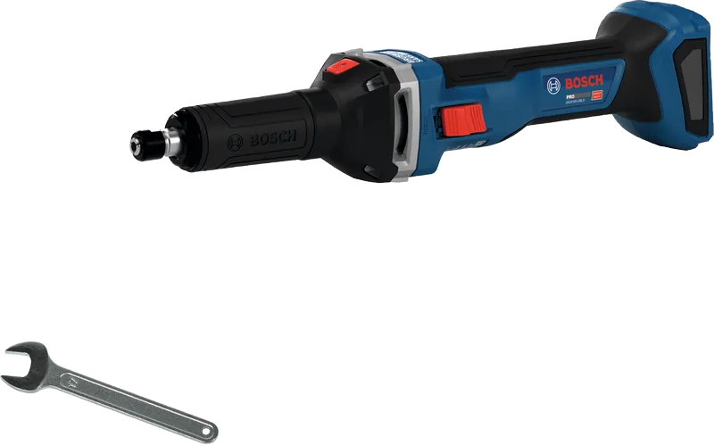 Bosch GGS18V-28LS cordless straight grinder with wrench.