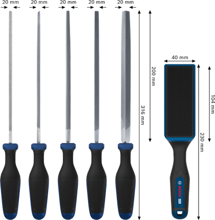 Bosch file set 5 pcs with PRO file brush and multi-component handles.