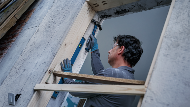 Person wearing safety equipment uses a hammer to adjust a wooden door frame.