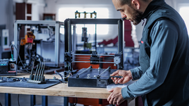 Person wearing safety equipment adjusts a 3D printer on a workbench.