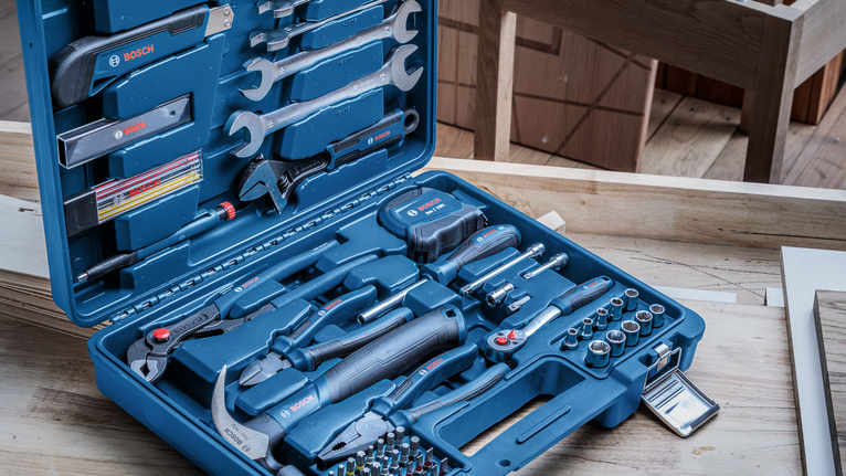 Open blue tool case with assorted wrenches, hammer, screwdrivers, and drill bits on a wooden surface.