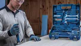 Person wearing safety equipment uses a hammer next to an open toolkit on a table.