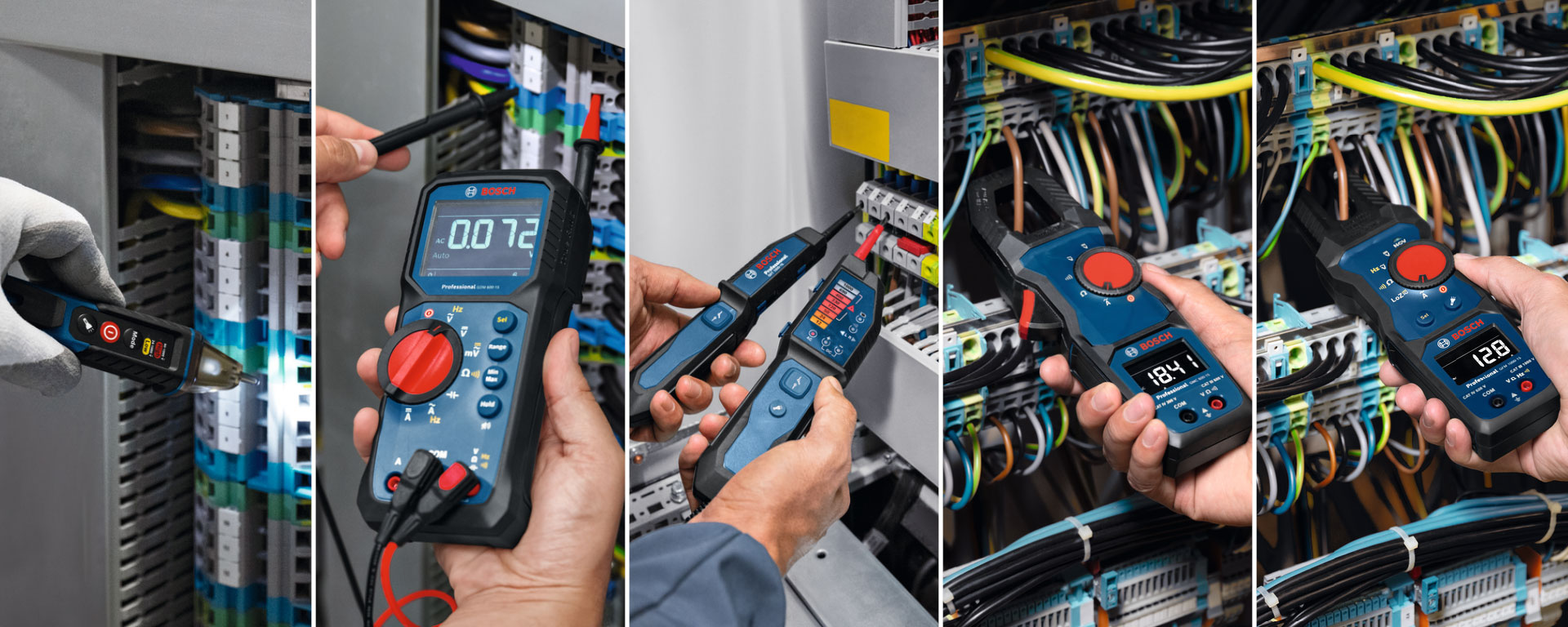 Multiple hands using electrical measuring tools in a control panel with colorful wires visible.