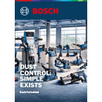 A workspace filled with various Bosch power tools, showcasing dust control equipment. Brightly lit, modern environment with blue and gray tones. Tools are neatly arranged on the floor and shelves, emphasizing organization and efficiency.