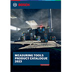 Bosch Professional measuring tools catalog on a textured surface, showcasing tools and layout.