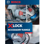 Bosch XLOCK accessory range displayed on a blue background with tools in use.