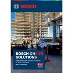 Bosch Professional tools displayed at a construction site with workers and vehicles around.
