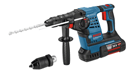 A blue Bosch Professional cordless drill with a chuck and a drill bit attached.