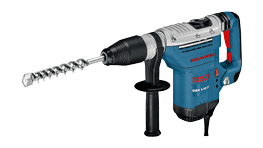 A blue Bosch Professional rotary hammer drill with a spiral drill bit attached.