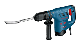 A Bosch Professional blue rotary chisel with a metal blade on a white background.