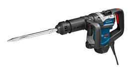 A Bosch Professional rotary hammer drill in blue and black with a chisel attachment.