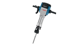 A blue Bosch Professional demolition hammer lies on a white background, showcasing its design.