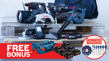 A collection of Bosch Professional power tools arranged on wooden pallets, featuring a circular saw, vacuum, and batteries, with a promotional red banner stating 'FREE BONUS' in the foreground.