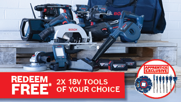 A collection of Bosch Professional tools on a wooden surface, including a circular saw, drill, and vacuum. The tools are black and blue, with a red Bosch logo. An advertisement in red at the bottom offers free tools with a choice of two 18V options. The background is plain and white, creating a clean and focused display.
