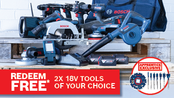A display of Bosch Professional tools including a circular saw, vacuum, and batteries on wooden pallets, with a promotional banner.
