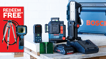 A collection of Bosch Professional power tools including a battery, drill, sander, and vacuum, arranged on a white background.