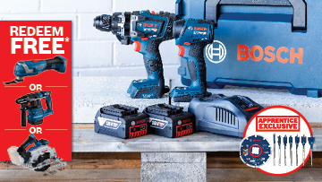 A blue Bosch Professional drill and driver set is displayed on a wooden surface, along with two batteries, a charger, and a toolbox. A promotional banner on the left offers a free tool with purchase. The mood is professional and inviting, highlighting quality tools for craftsmanship.